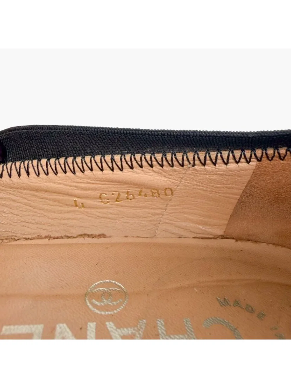 Chanel CC Cap Toe Ballet Flats Beige Black Leather Ruffle Size 39.5 US 8.5-9